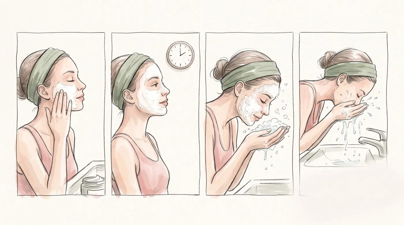 乾いた顔に塗る、1分置く、水を足して泡立てる、すすぐ、の4ステップのイラスト